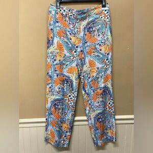 Chicos Bright Orange Blue Print Pull On Linen Ankle Pants Size 0 (S/4)